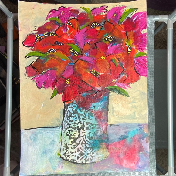 Original Art  Vibrant Red and Pink Flowers  Floral Wall Art - Picture 4 of 10